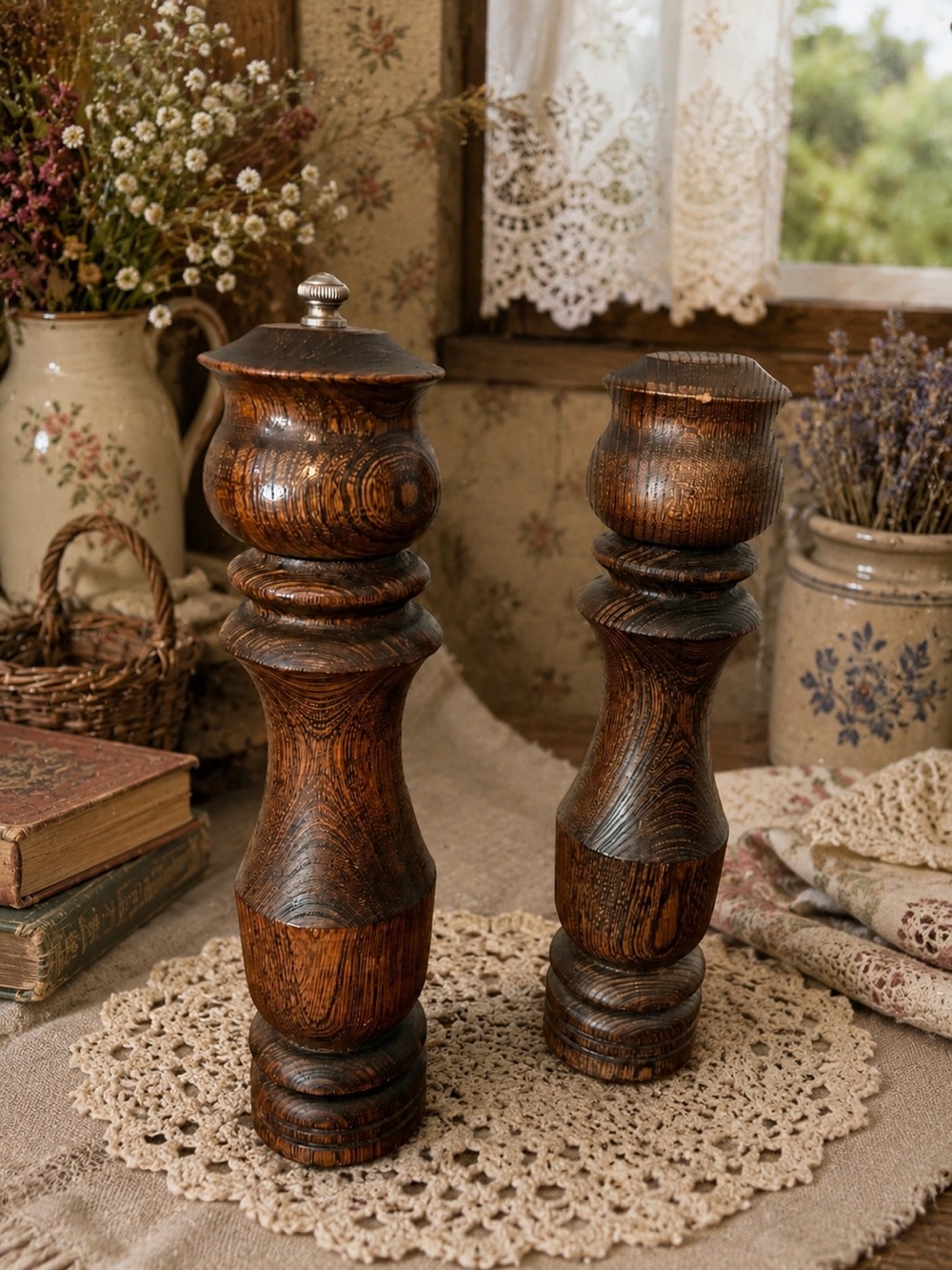 Woodcrest Wooden Salt & Pepper Mill Set Vintage Oak Mid-Century 11”
